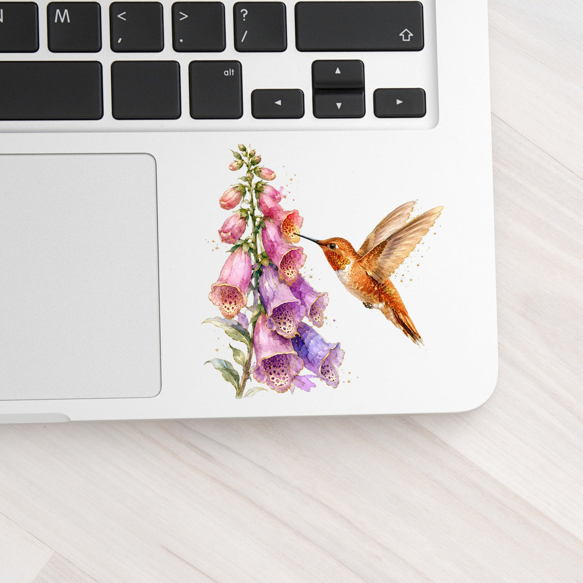 Rufous Hummingbird Pink Foxglove UV DTF sticker applied to a silver laptop beside the keyboard