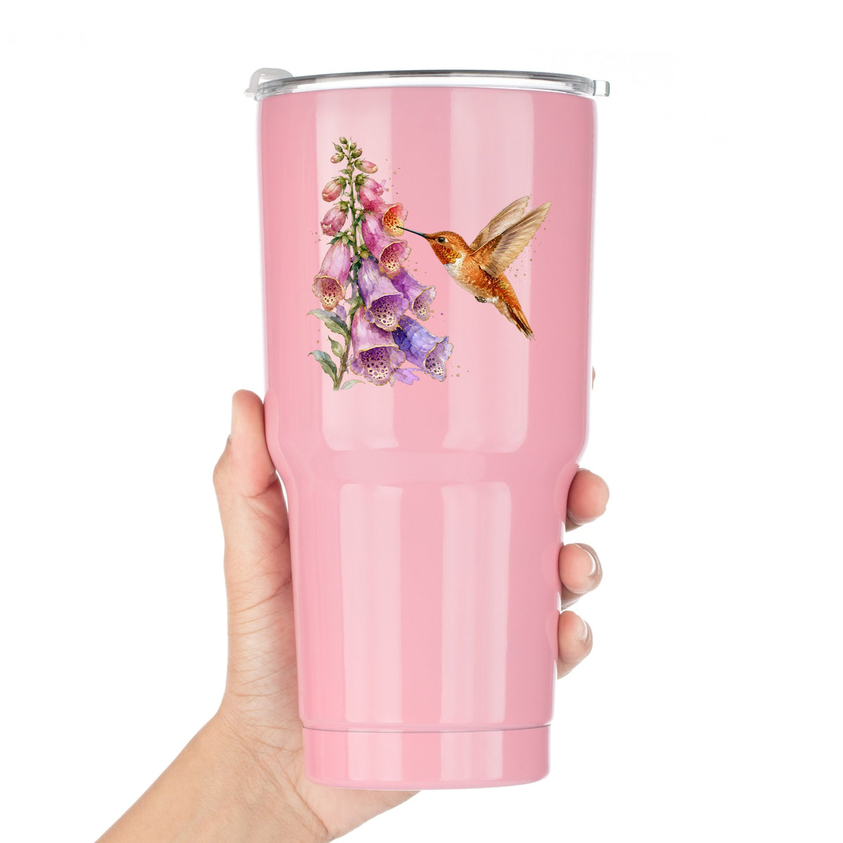 Rufous Hummingbird Pink Foxglove UV DTF sticker applied to a pink tumbler held against a white background