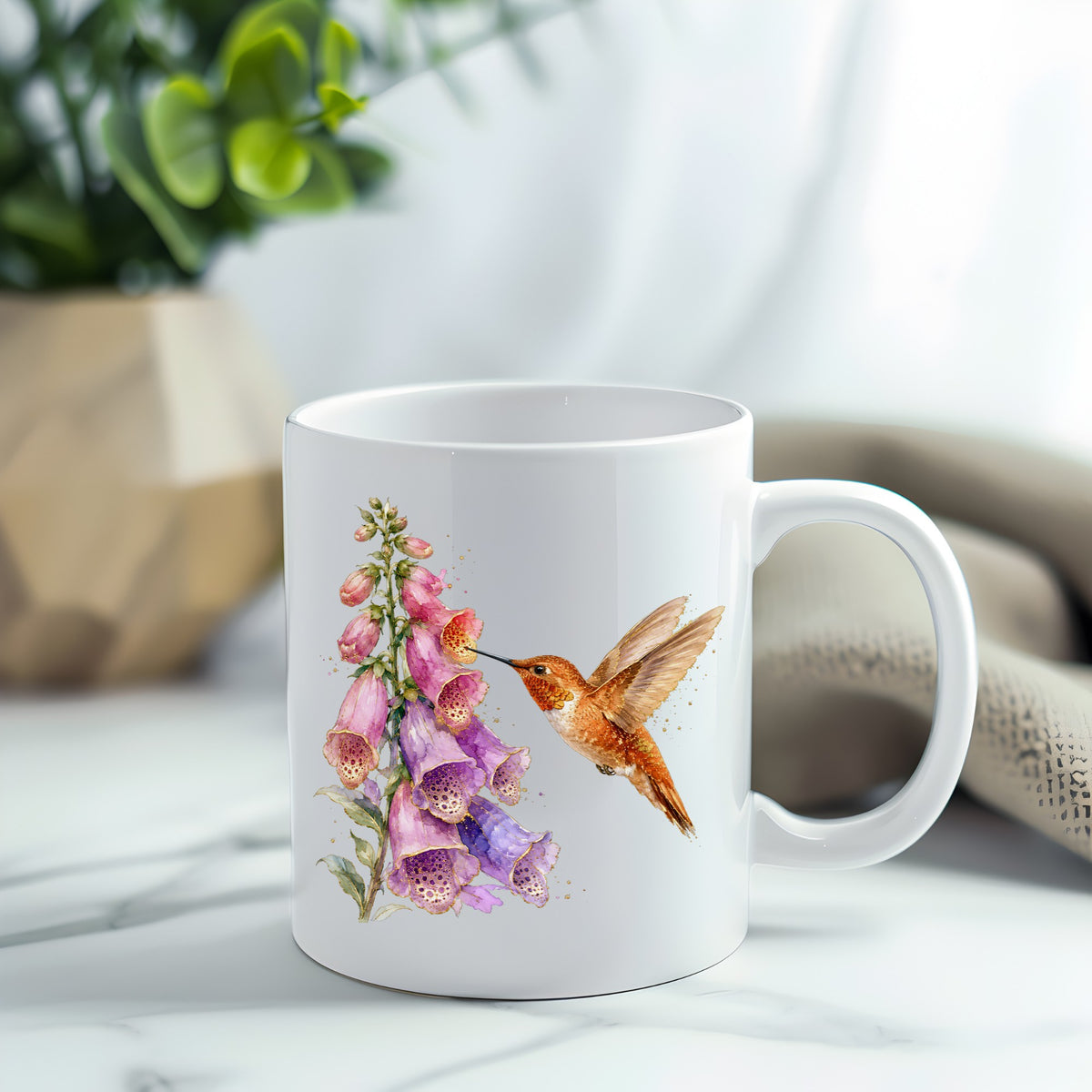Rufous Hummingbird Pink Foxglove UV DTF sticker applied to a white coffee mug