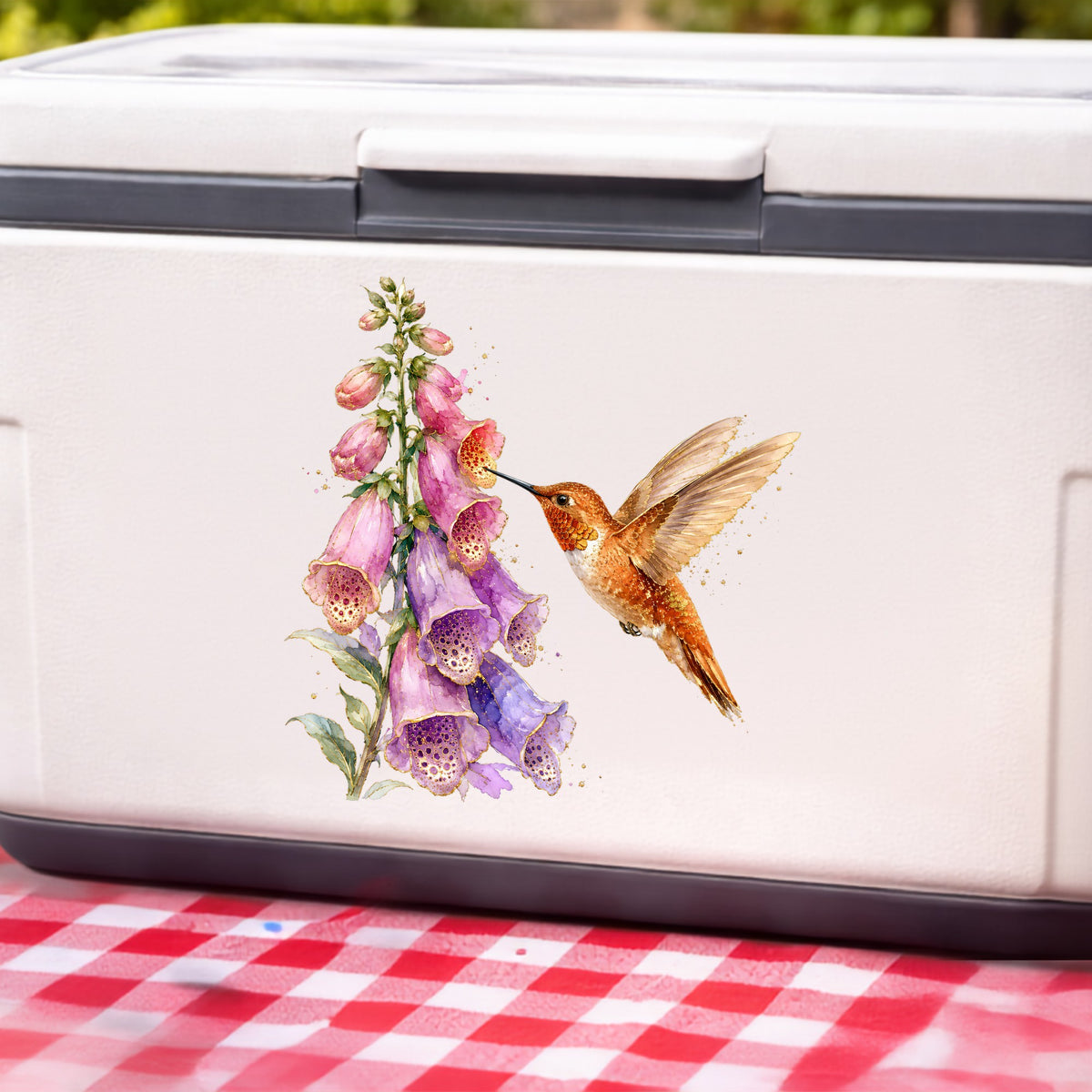 Rufous Hummingbird Pink Foxglove UV DTF sticker applied to a white cooler on a red gingham cloth