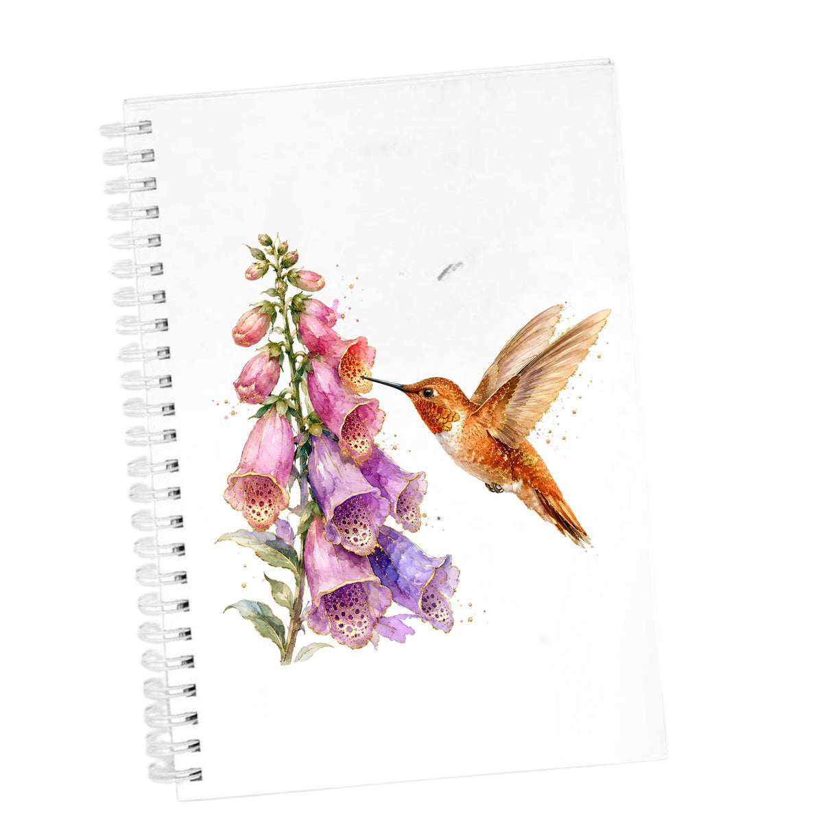 Rufous Hummingbird Pink Foxglove UV DTF sticker applied to the cover of a white spiral journal
