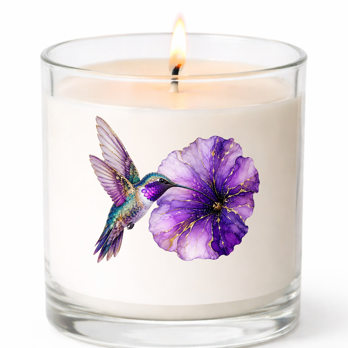 Hummingbird Purple Petunia UV DTF sticker applied to a white candle in a clear glass jar