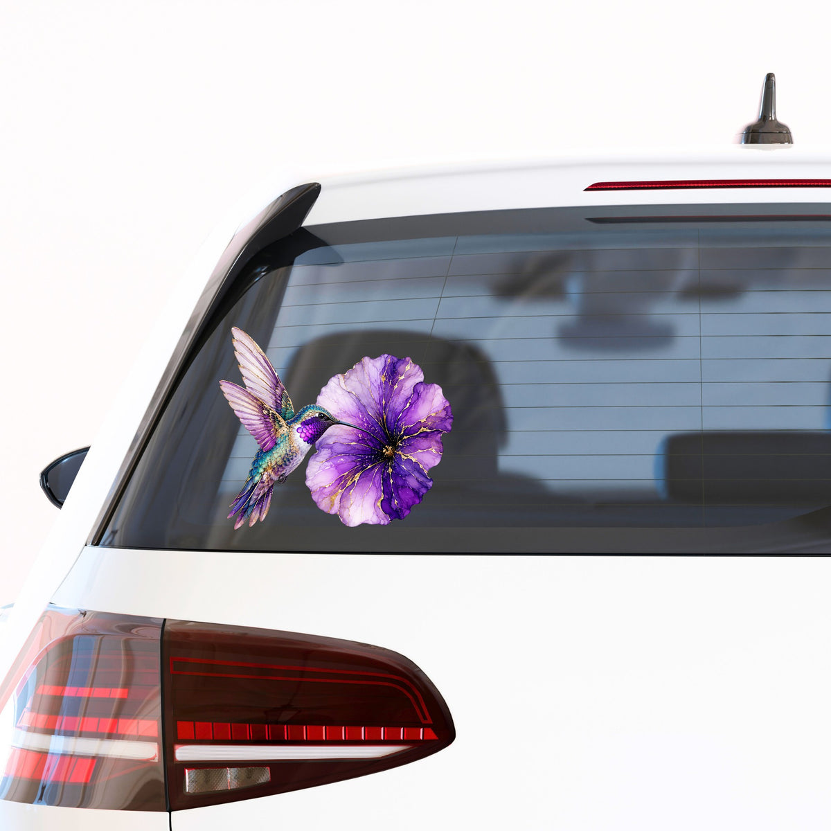 Hummingbird Purple Petunia UV DTF sticker applied to the rear window of a white car