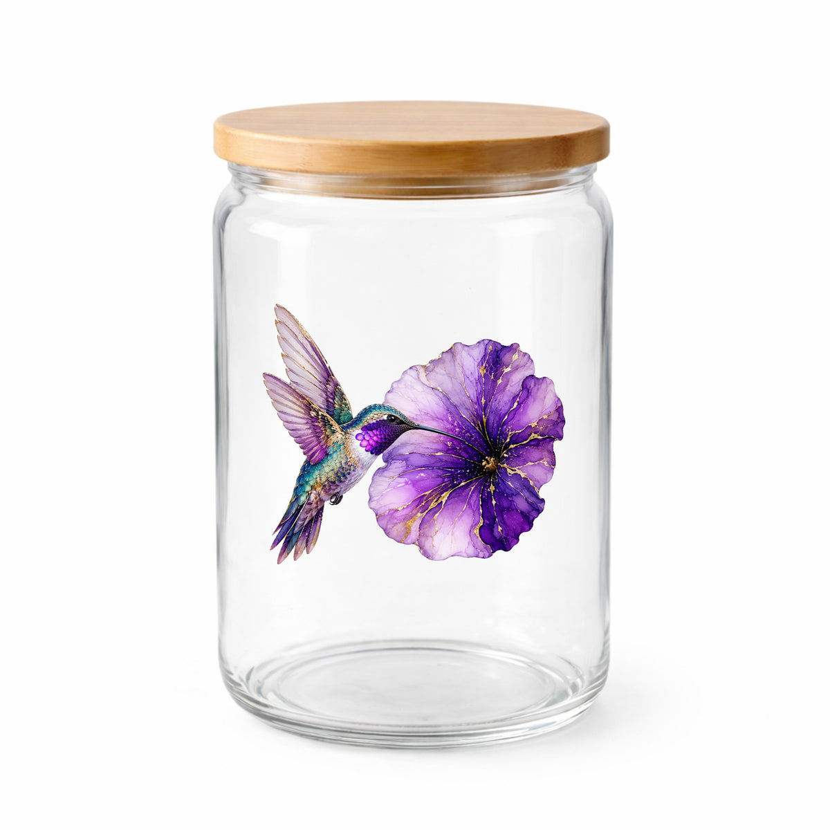 Hummingbird Purple Petunia UV DTF sticker applied to a clear glass jar with a wooden lid