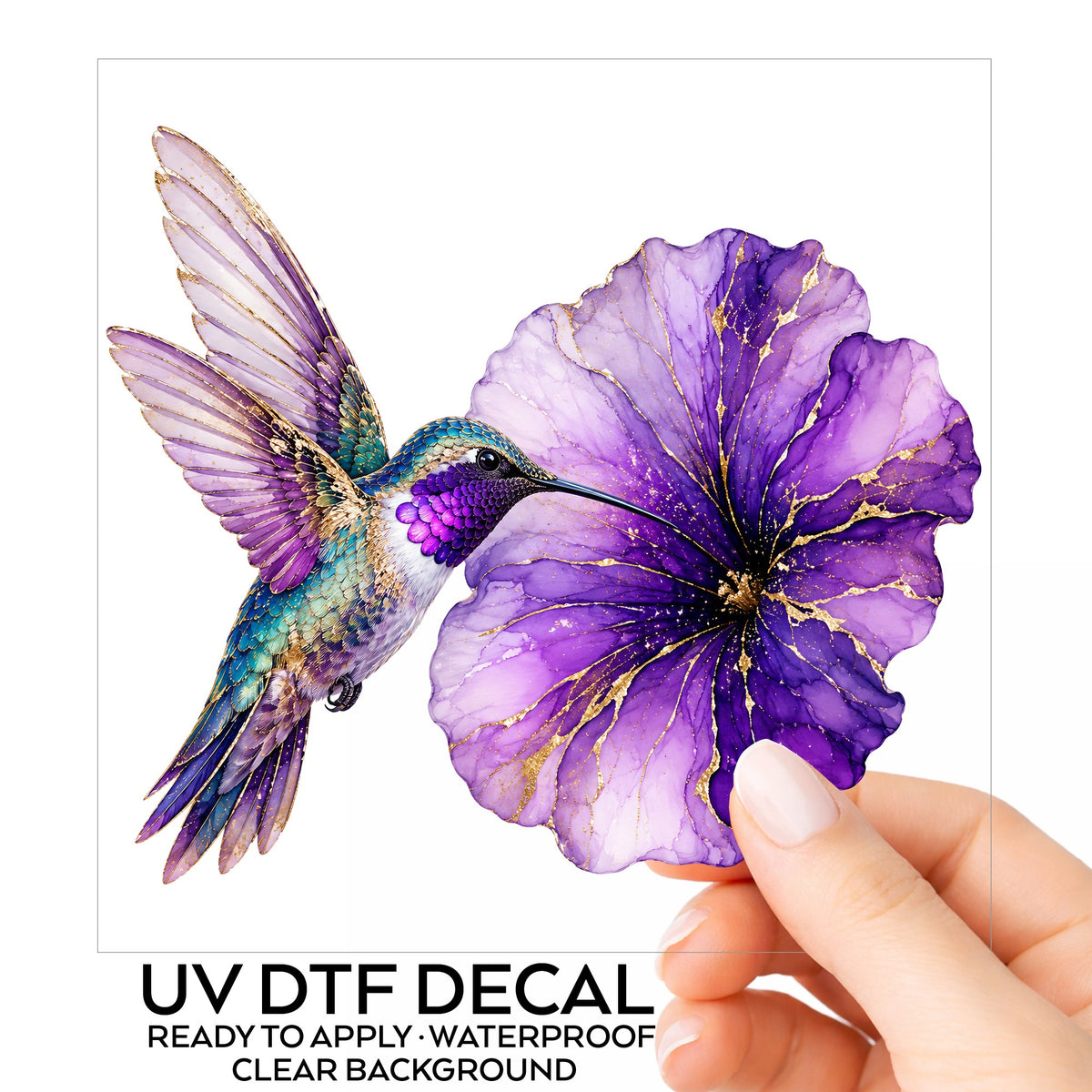 Hummingbird Purple Petunia UV DTF sticker on its backing card, held in hand