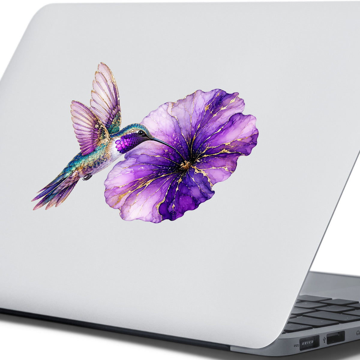 Hummingbird Purple Petunia UV DTF sticker applied to the lid of a silver laptop