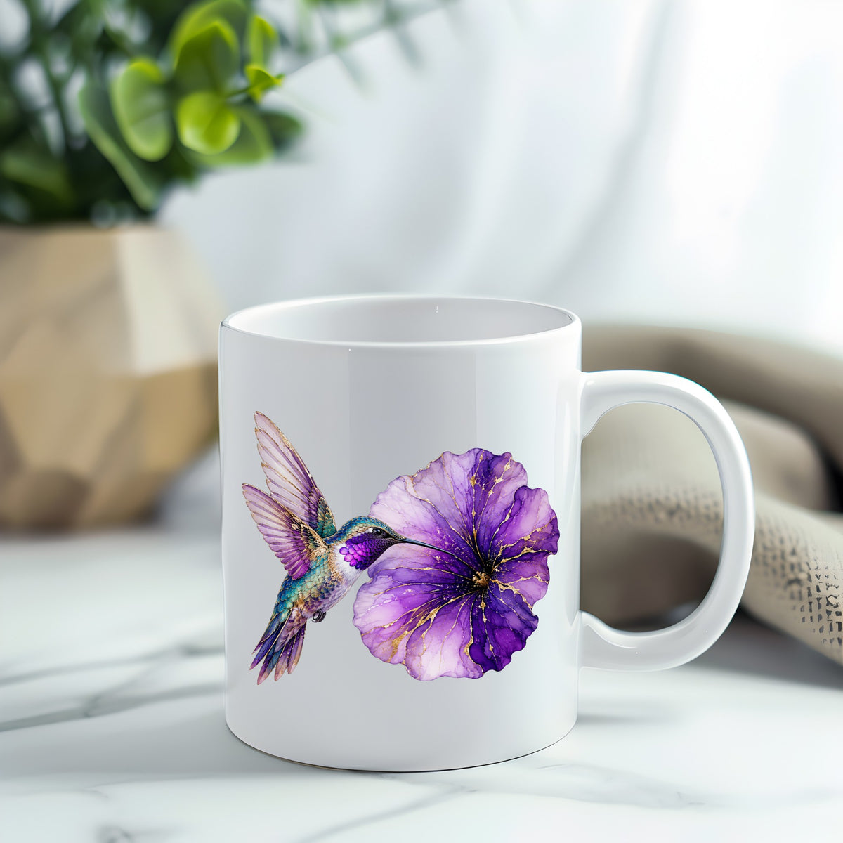 Hummingbird Purple Petunia UV DTF sticker applied to a white coffee mug