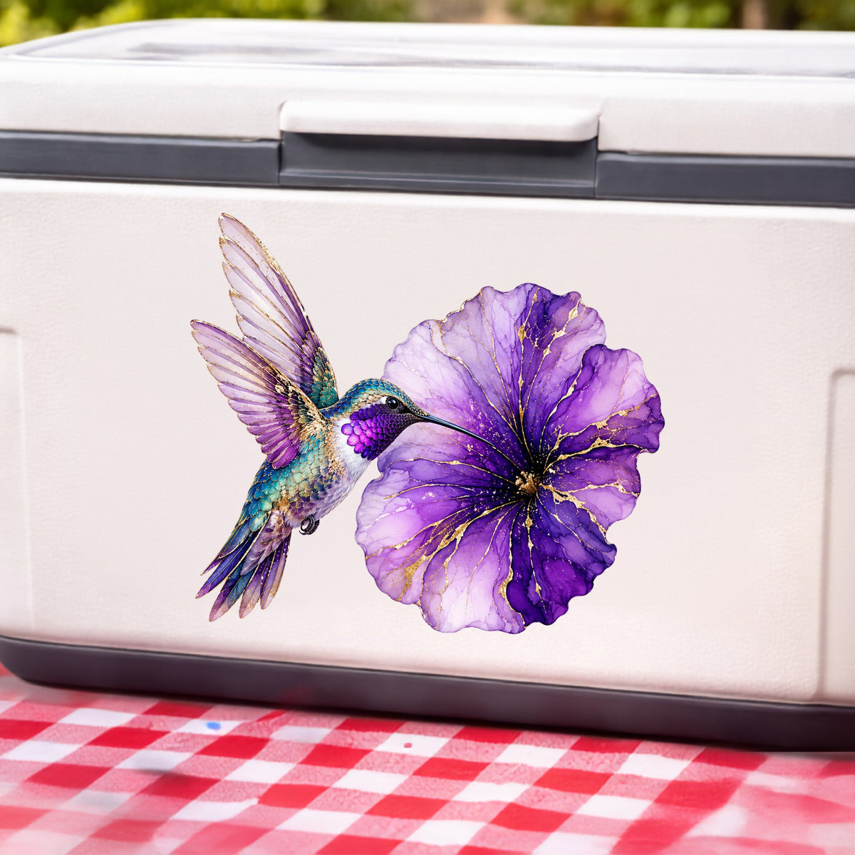 Hummingbird Purple Petunia UV DTF sticker applied to a white cooler on a red gingham cloth
