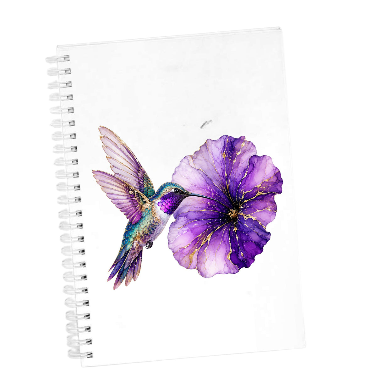 Hummingbird Purple Petunia UV DTF sticker applied to the cover of a white spiral journal