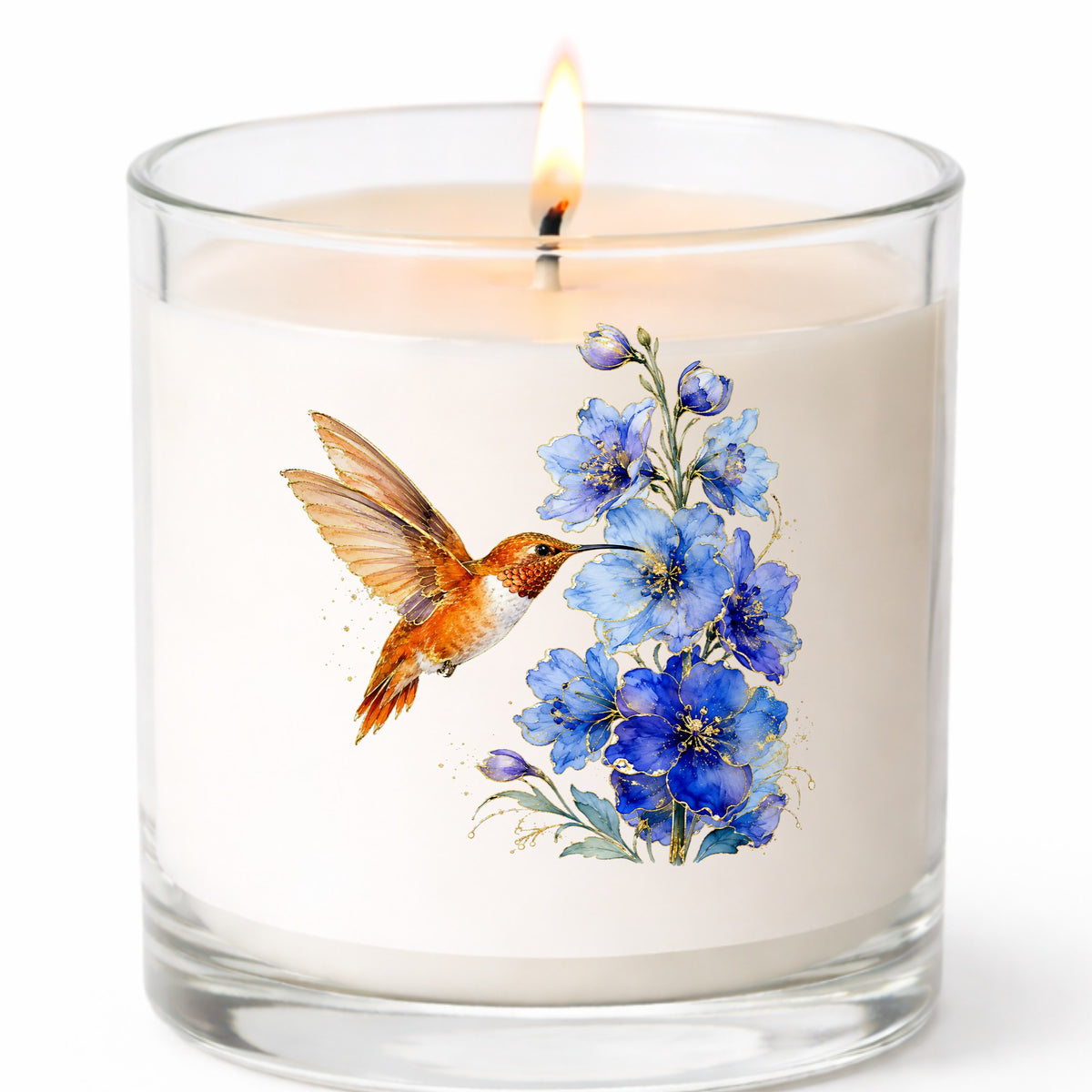 Rufous Hummingbird Blue Delphinium UV DTF sticker applied to a white candle in a clear glass jar
