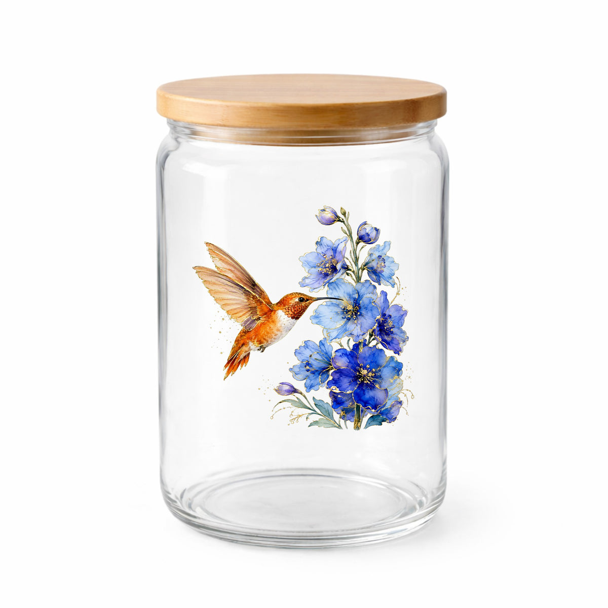 Rufous Hummingbird Blue Delphinium UV DTF sticker applied to a clear glass jar with a wooden lid