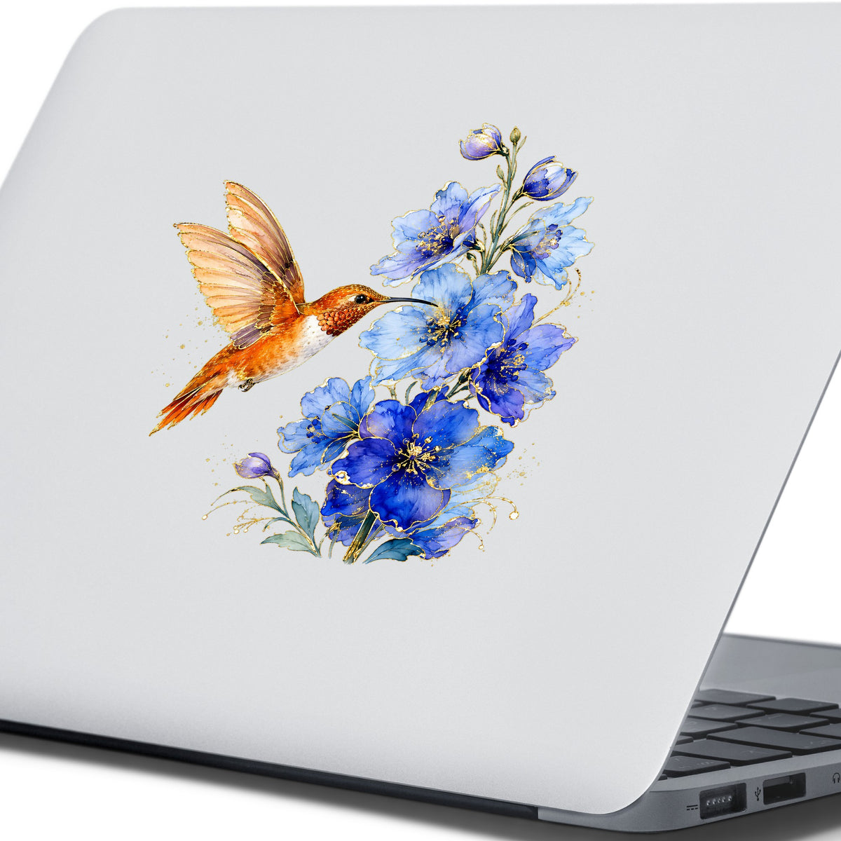 Rufous Hummingbird Blue Delphinium UV DTF sticker applied to the lid of a silver laptop