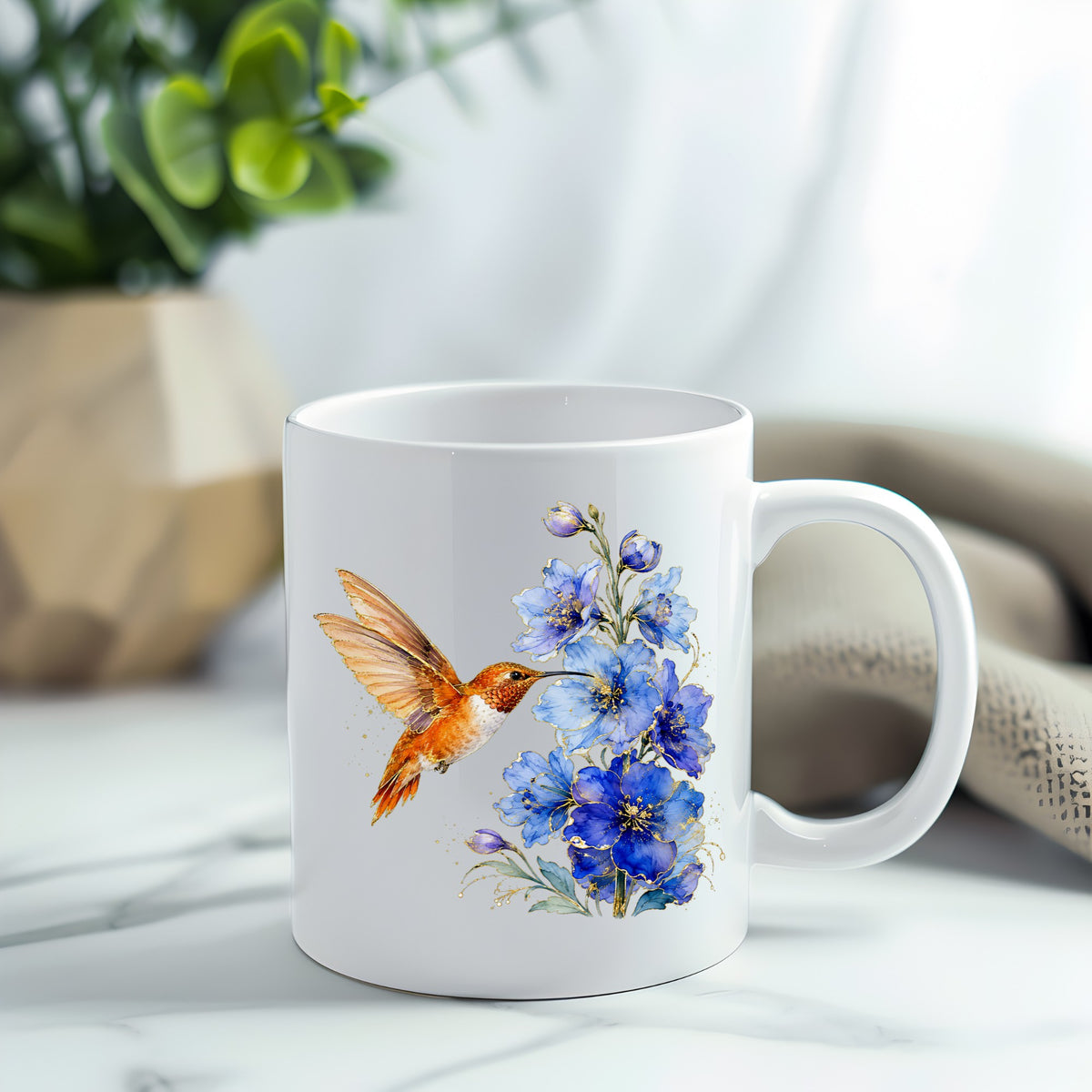 Rufous Hummingbird Blue Delphinium UV DTF sticker applied to a white coffee mug