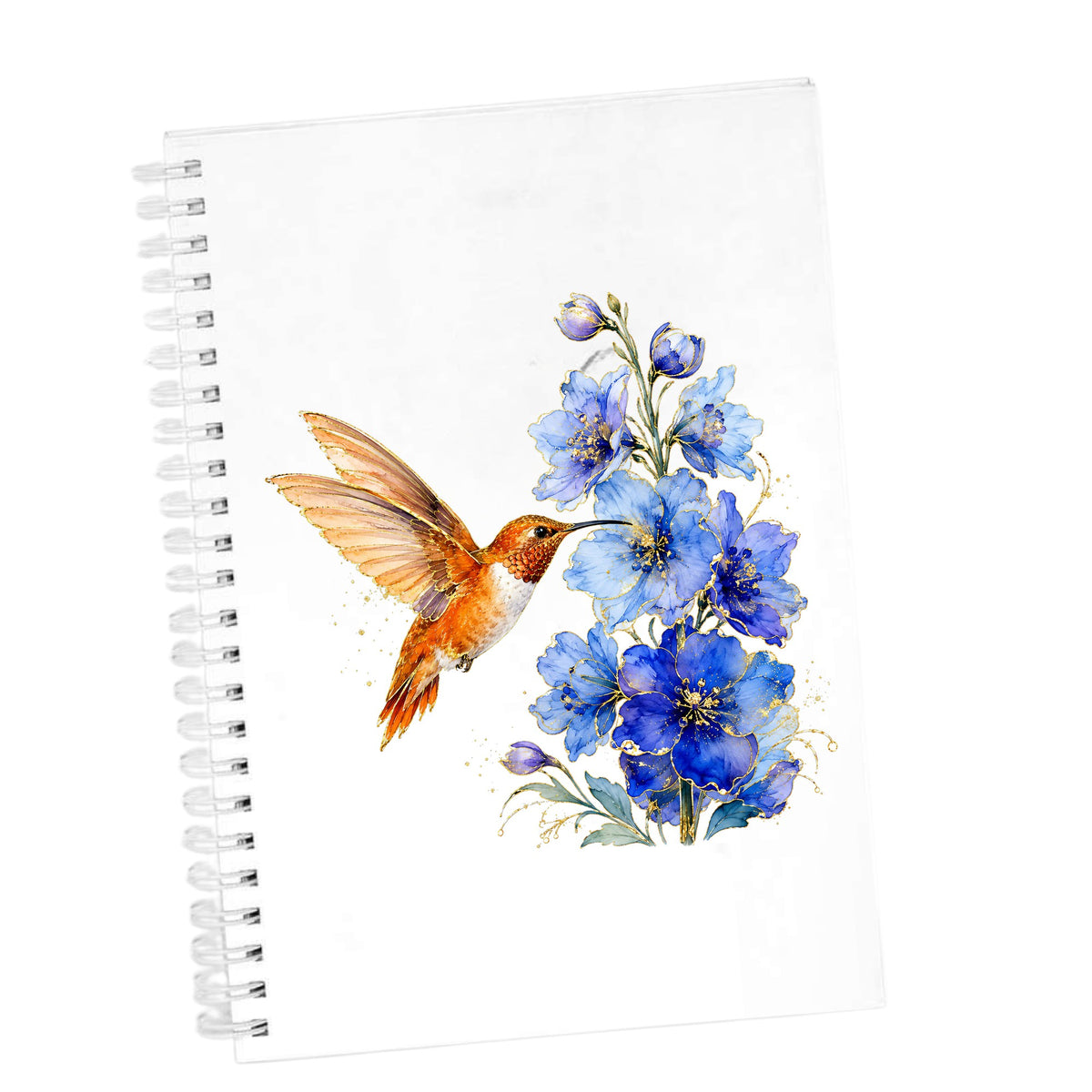 Rufous Hummingbird Blue Delphinium UV DTF sticker applied to the cover of a white spiral journal