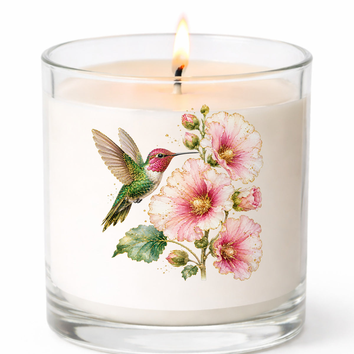 Hummingbird Pink Hollyhock UV DTF sticker applied to a white candle in a clear glass jar