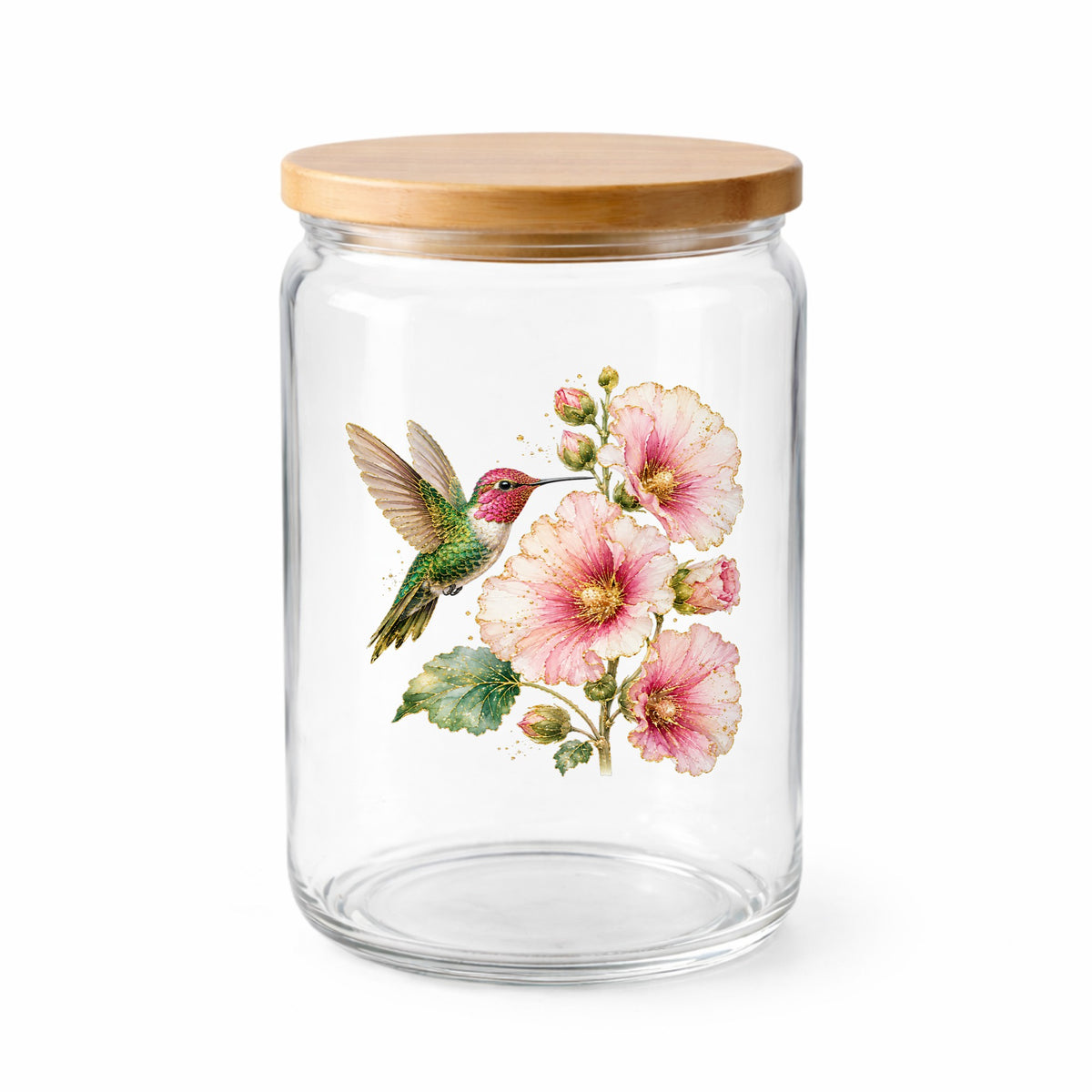 Hummingbird Pink Hollyhock UV DTF sticker applied to a clear glass jar with a wooden lid