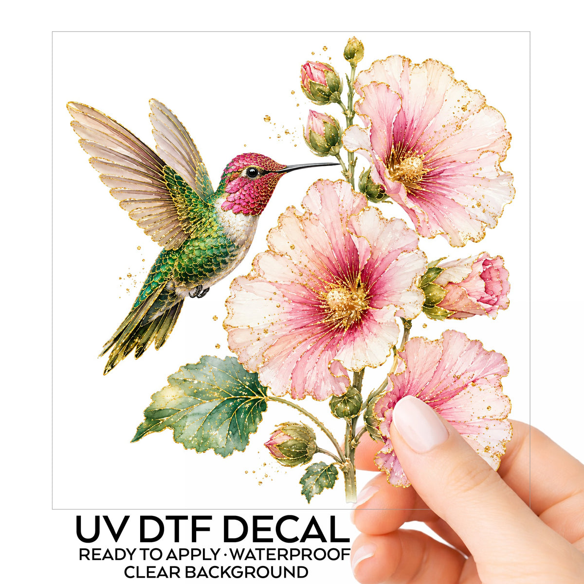 Hummingbird Pink Hollyhock UV DTF sticker on its backing card, held in hand