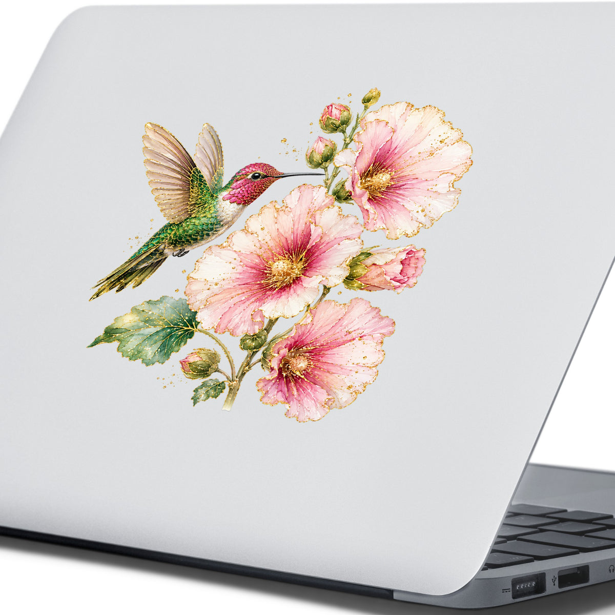 Hummingbird Pink Hollyhock UV DTF sticker applied to the lid of a silver laptop