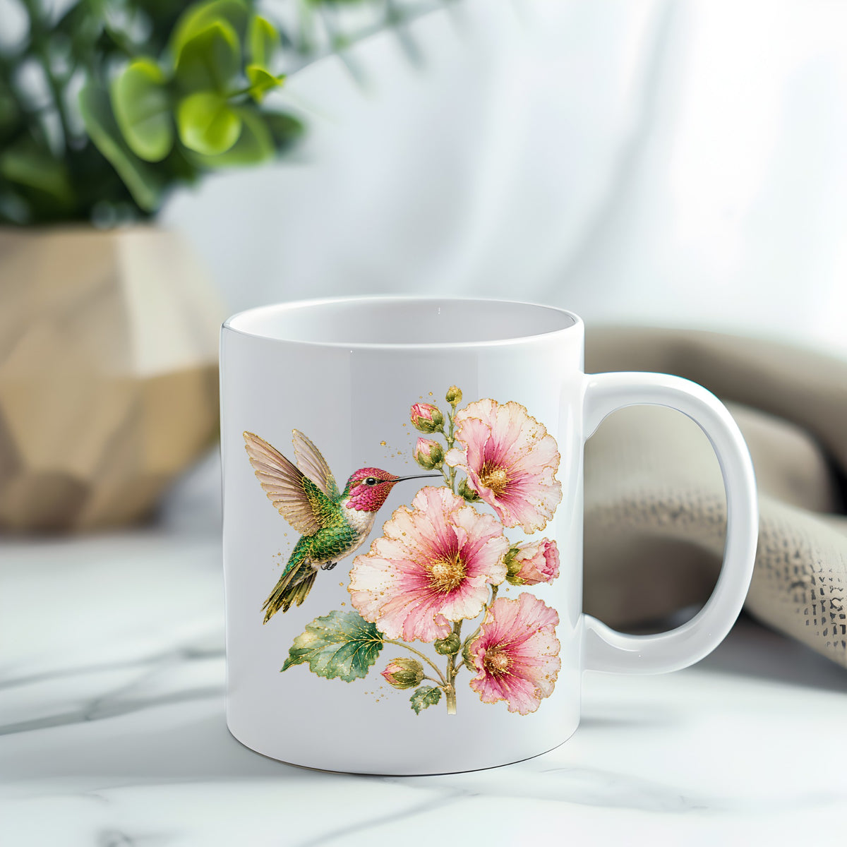 Hummingbird Pink Hollyhock UV DTF sticker applied to a white coffee mug