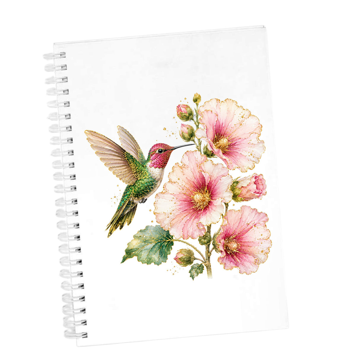 Hummingbird Pink Hollyhock UV DTF sticker applied to the cover of a white spiral journal