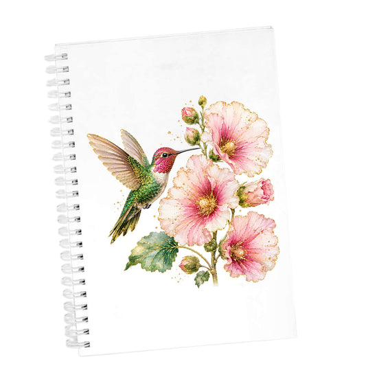 Hummingbird Pink Hollyhock UV DTF sticker applied to the cover of a white spiral journal