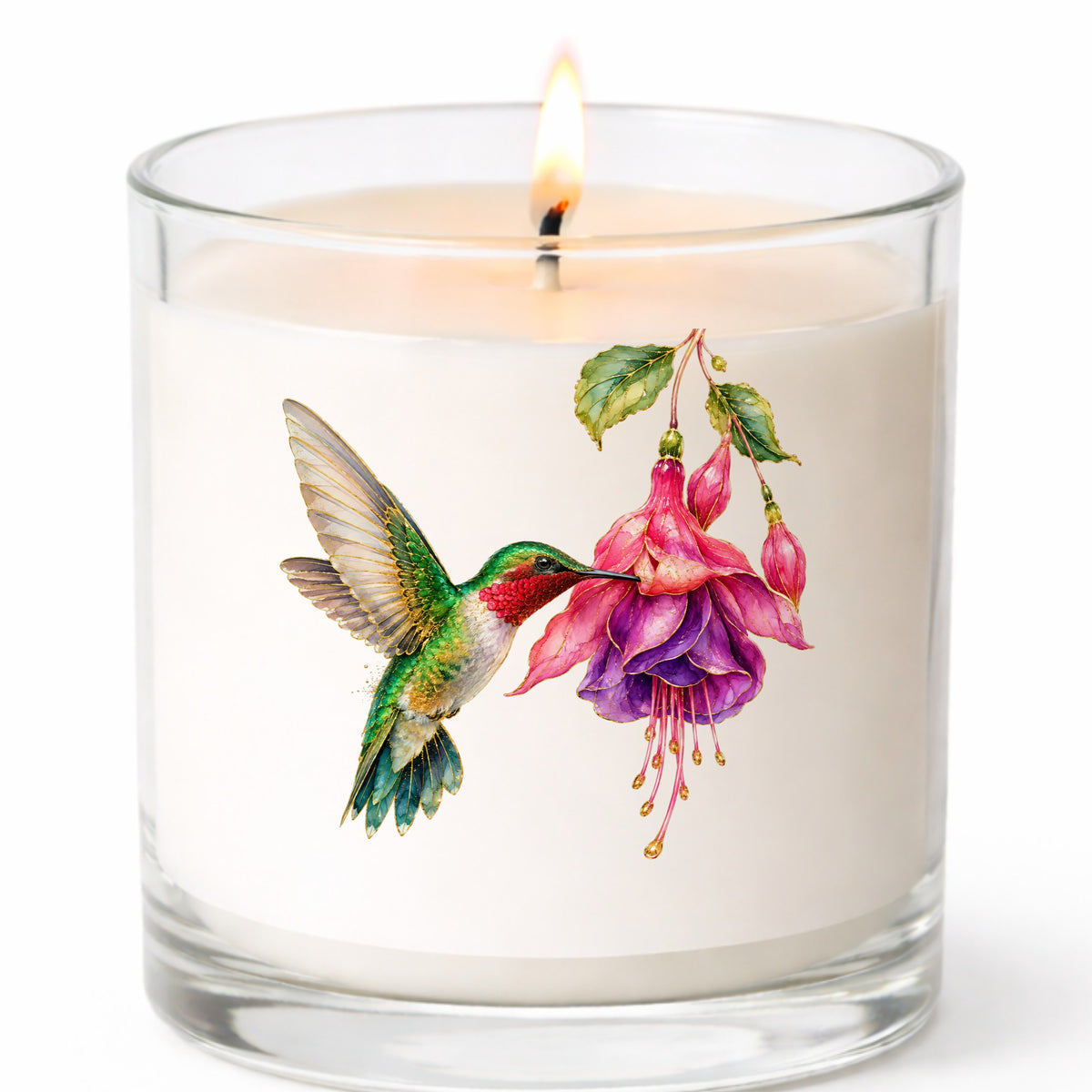 Hummingbird Fuchsia Flower UV DTF sticker applied to a white candle in a clear glass jar