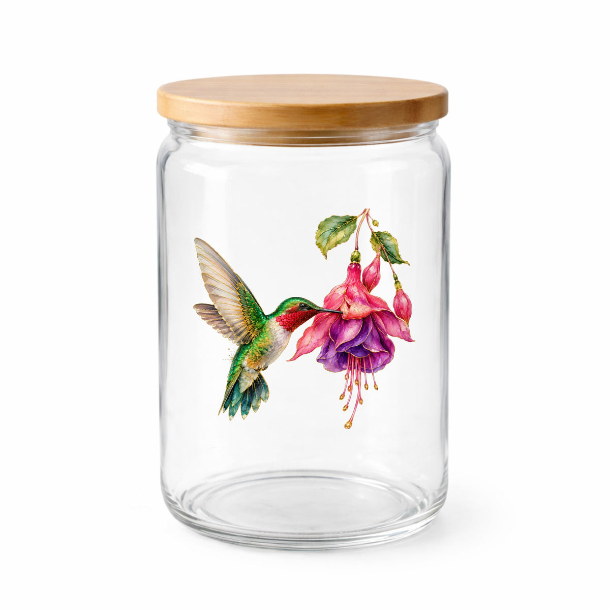 Hummingbird Fuchsia Flower UV DTF sticker applied to a clear glass jar with a wooden lid