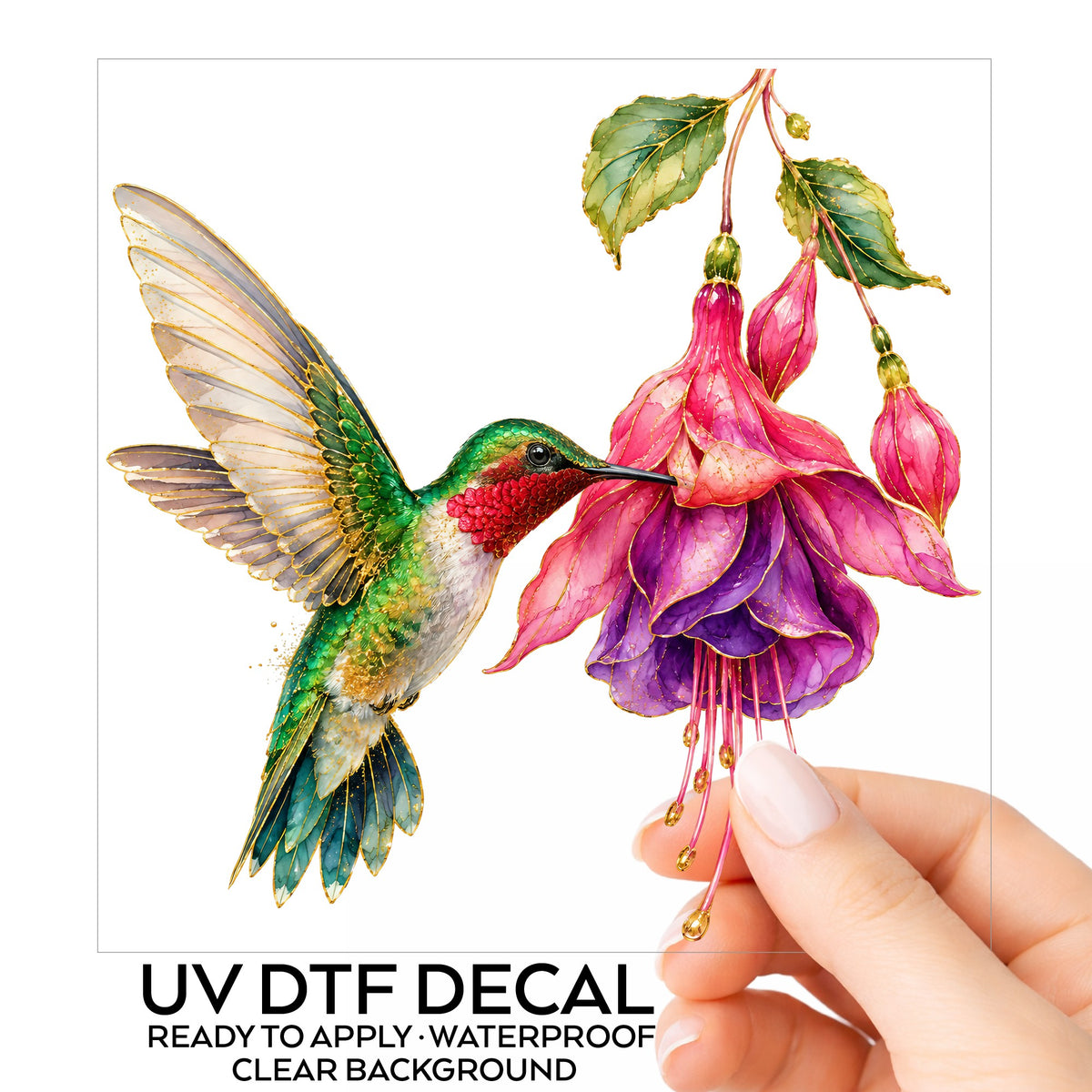 Hummingbird Fuchsia Flower UV DTF sticker on its backing card, held in hand