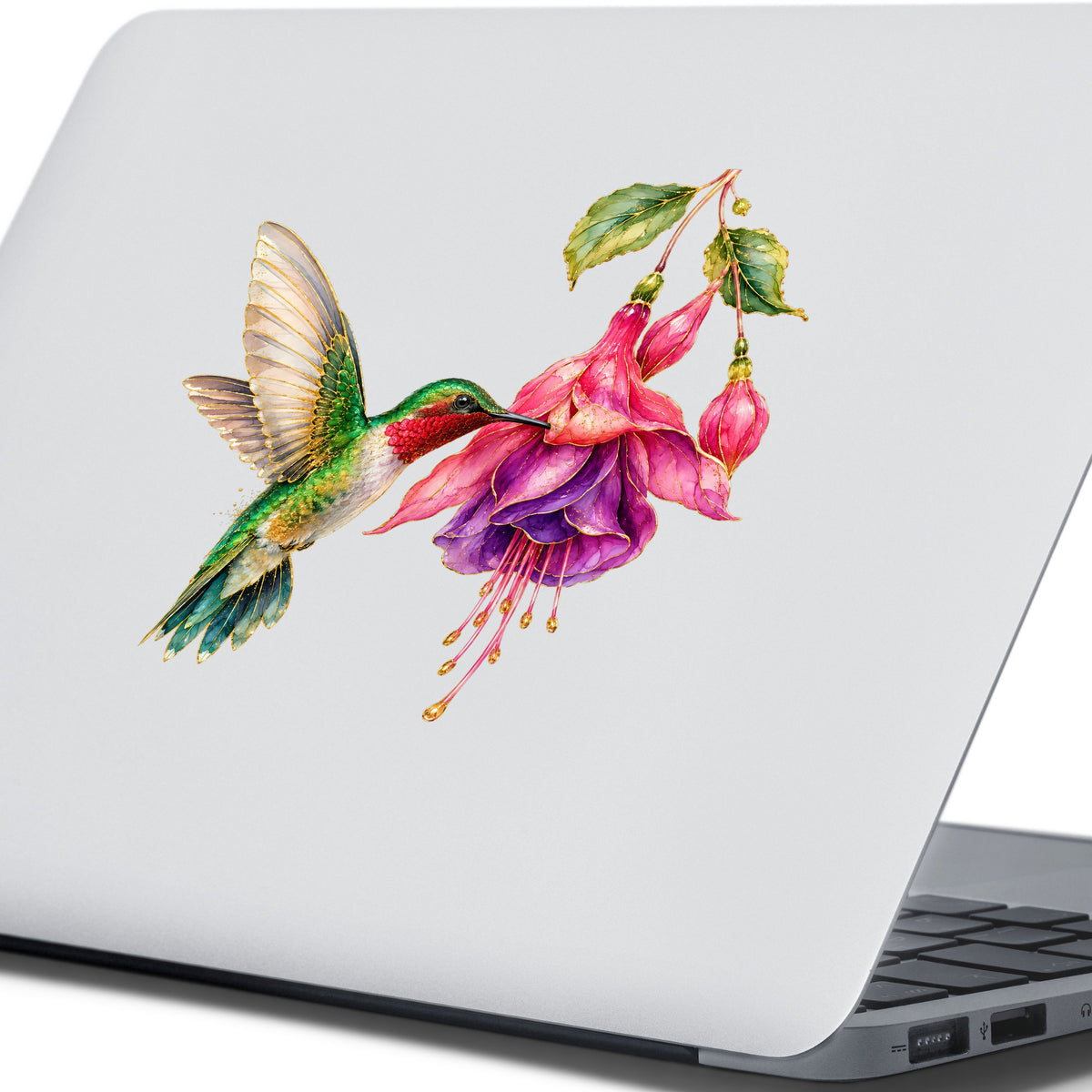 Hummingbird Fuchsia Flower UV DTF sticker applied to the lid of a silver laptop