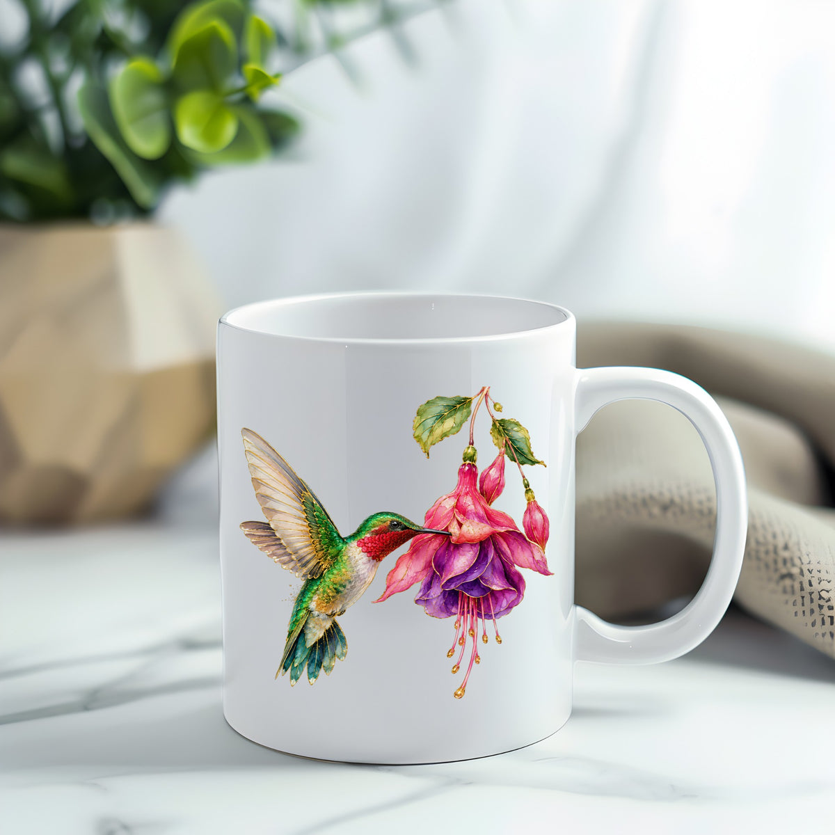 Hummingbird Fuchsia Flower UV DTF sticker applied to a white coffee mug