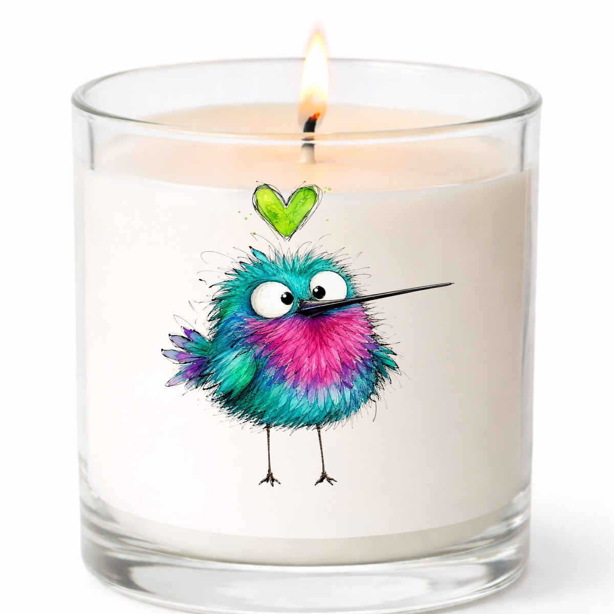 Fluffy Teal Pink Hummingbird UV DTF sticker applied to a white candle in a clear glass jar