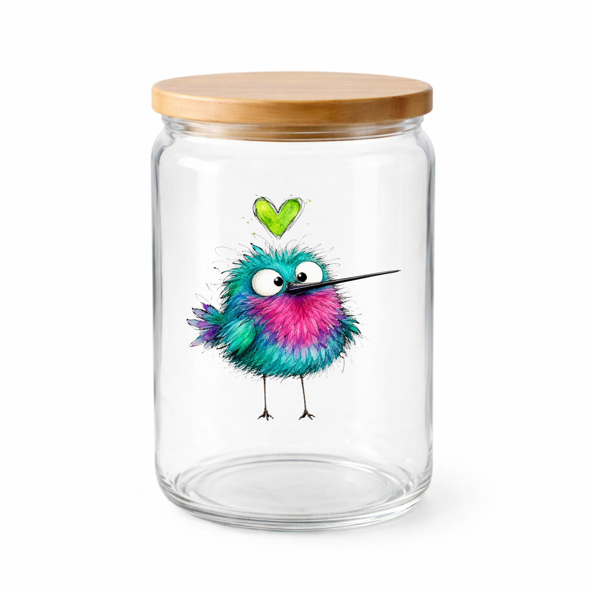 Fluffy Teal Pink Hummingbird UV DTF sticker applied to a clear glass jar with a wooden lid