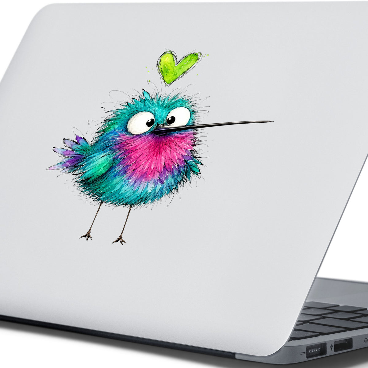 Fluffy Teal Pink Hummingbird UV DTF sticker applied to the lid of a silver laptop