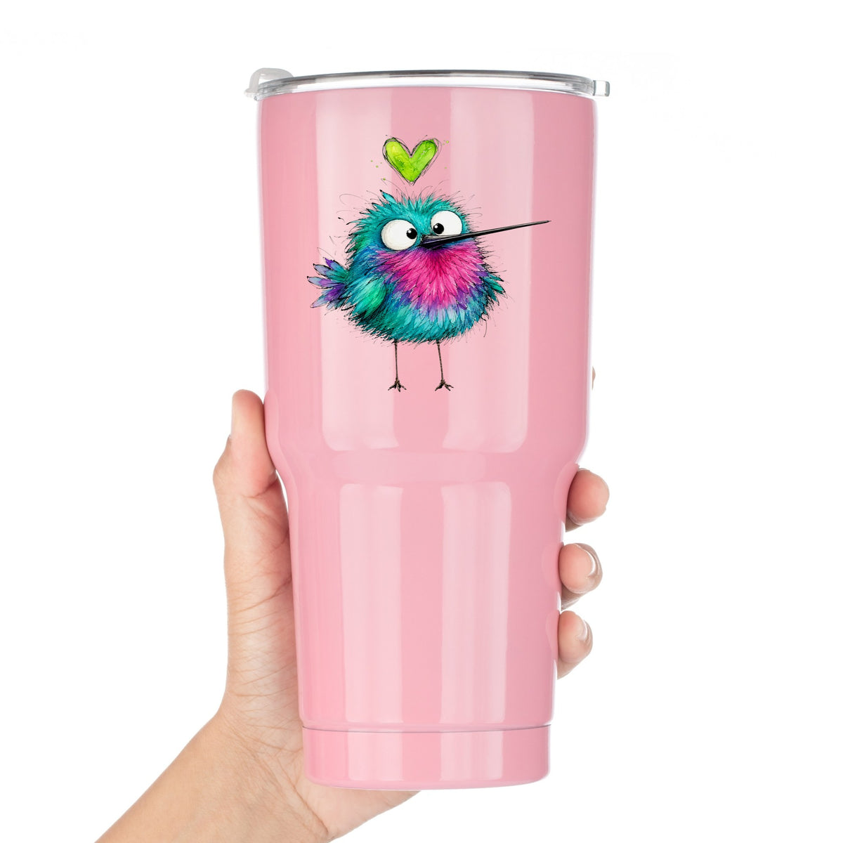 Fluffy Teal Pink Hummingbird UV DTF sticker applied to a pink tumbler held against a white background