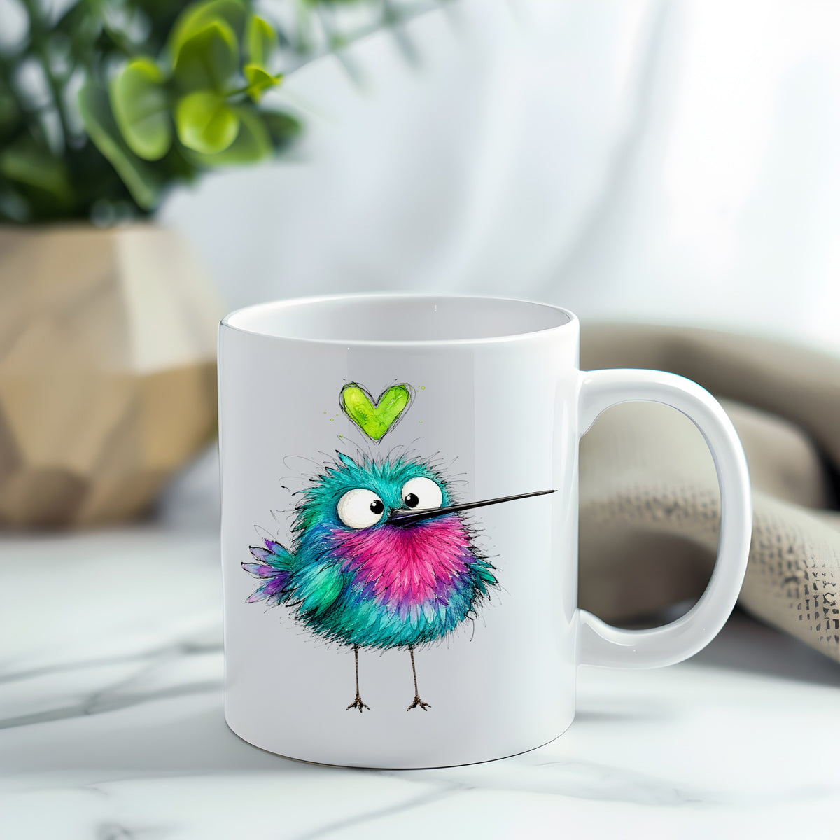 Fluffy Teal Pink Hummingbird UV DTF sticker applied to a white coffee mug