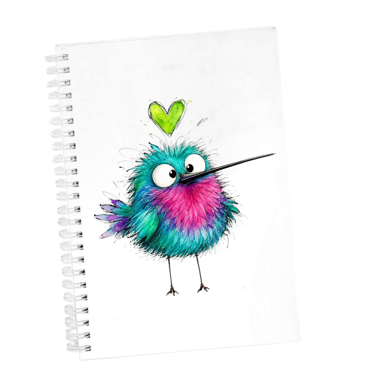 Fluffy Teal Pink Hummingbird UV DTF sticker applied to the cover of a white spiral journal