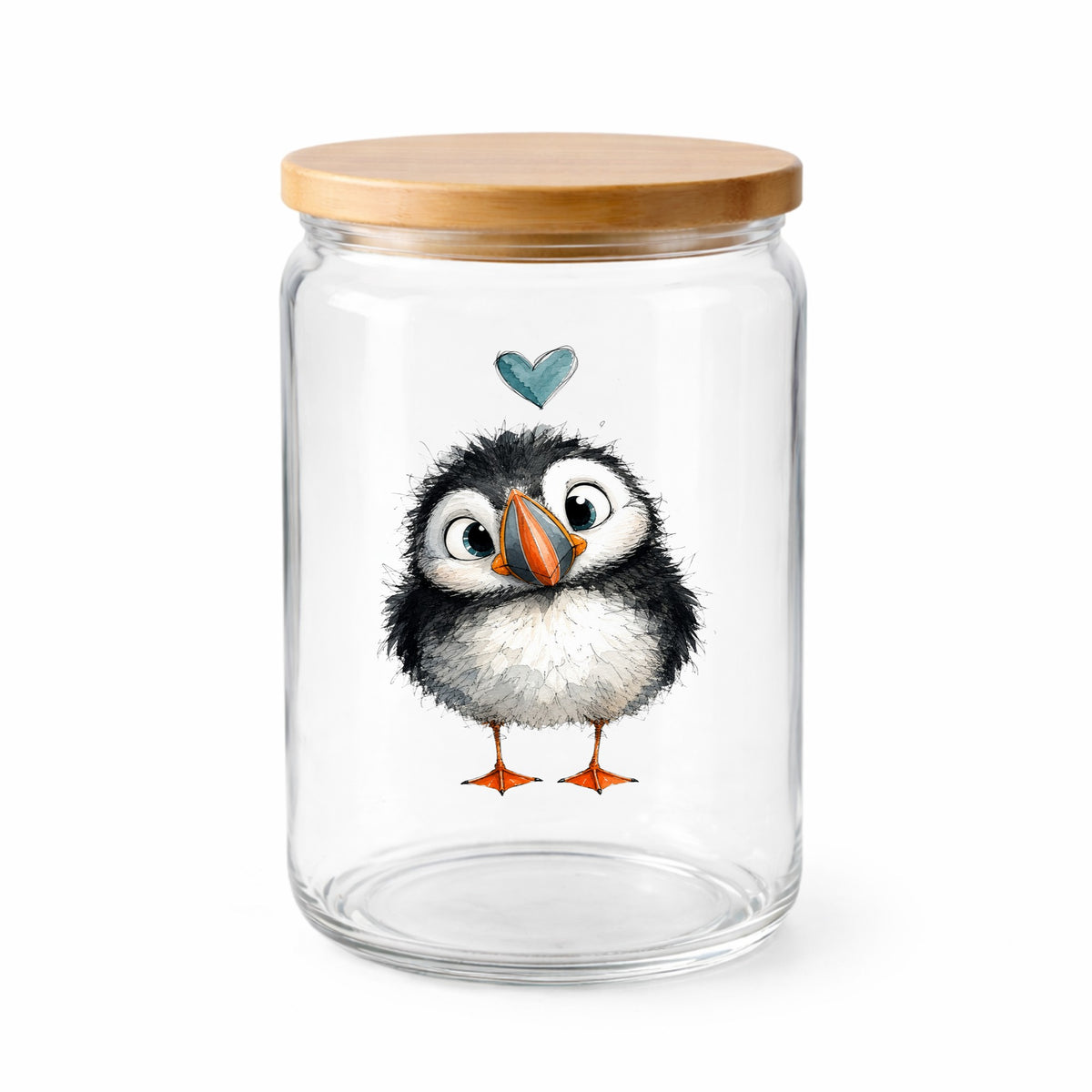 Funny Puffin UV DTF sticker applied to a clear glass jar with a wooden lid