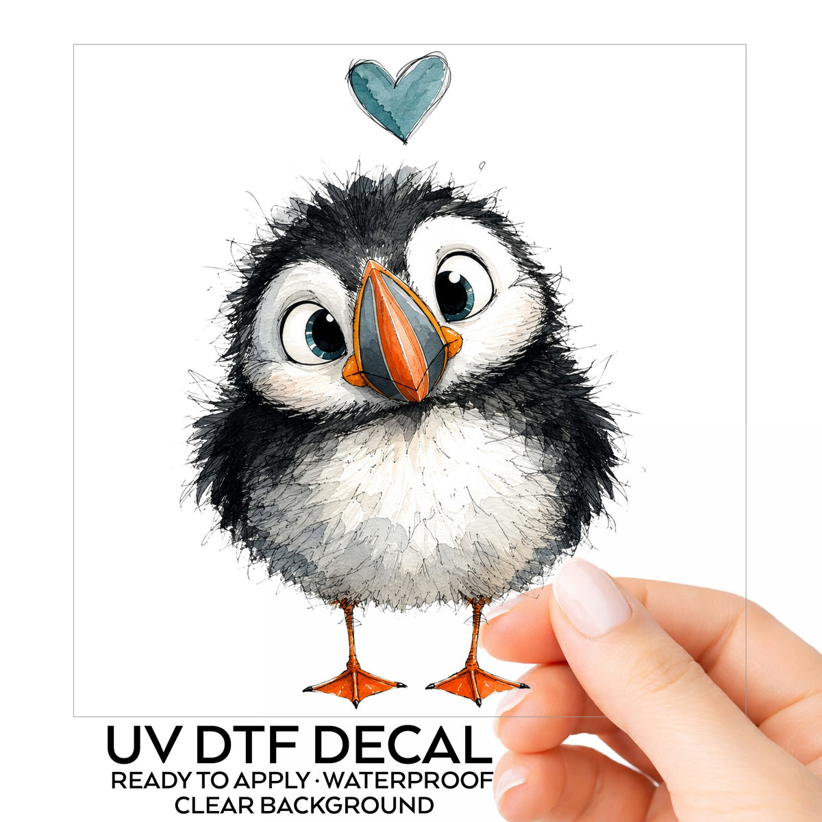 Funny Puffin UV DTF sticker on its backing card, held in hand