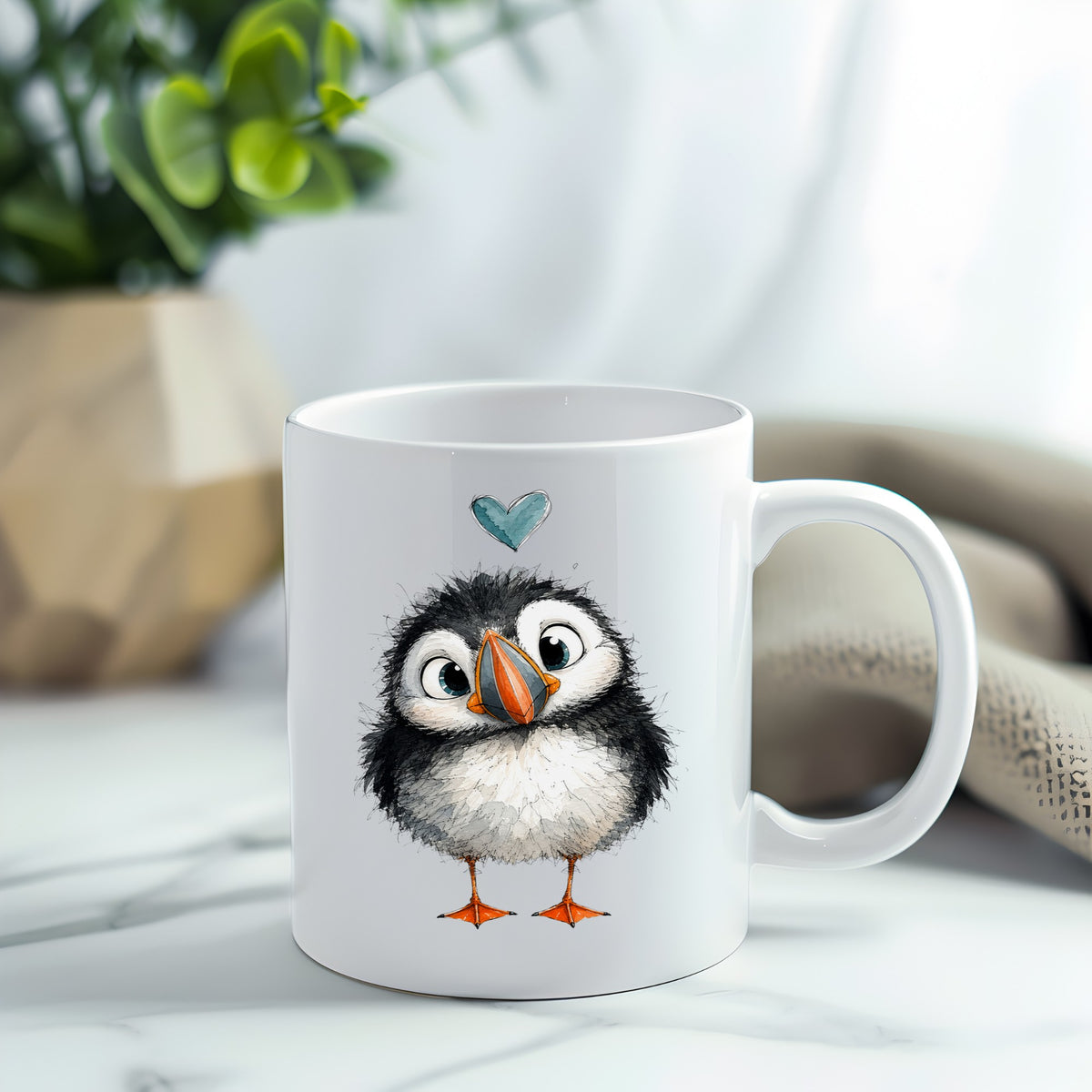 Funny Puffin UV DTF sticker applied to a white coffee mug