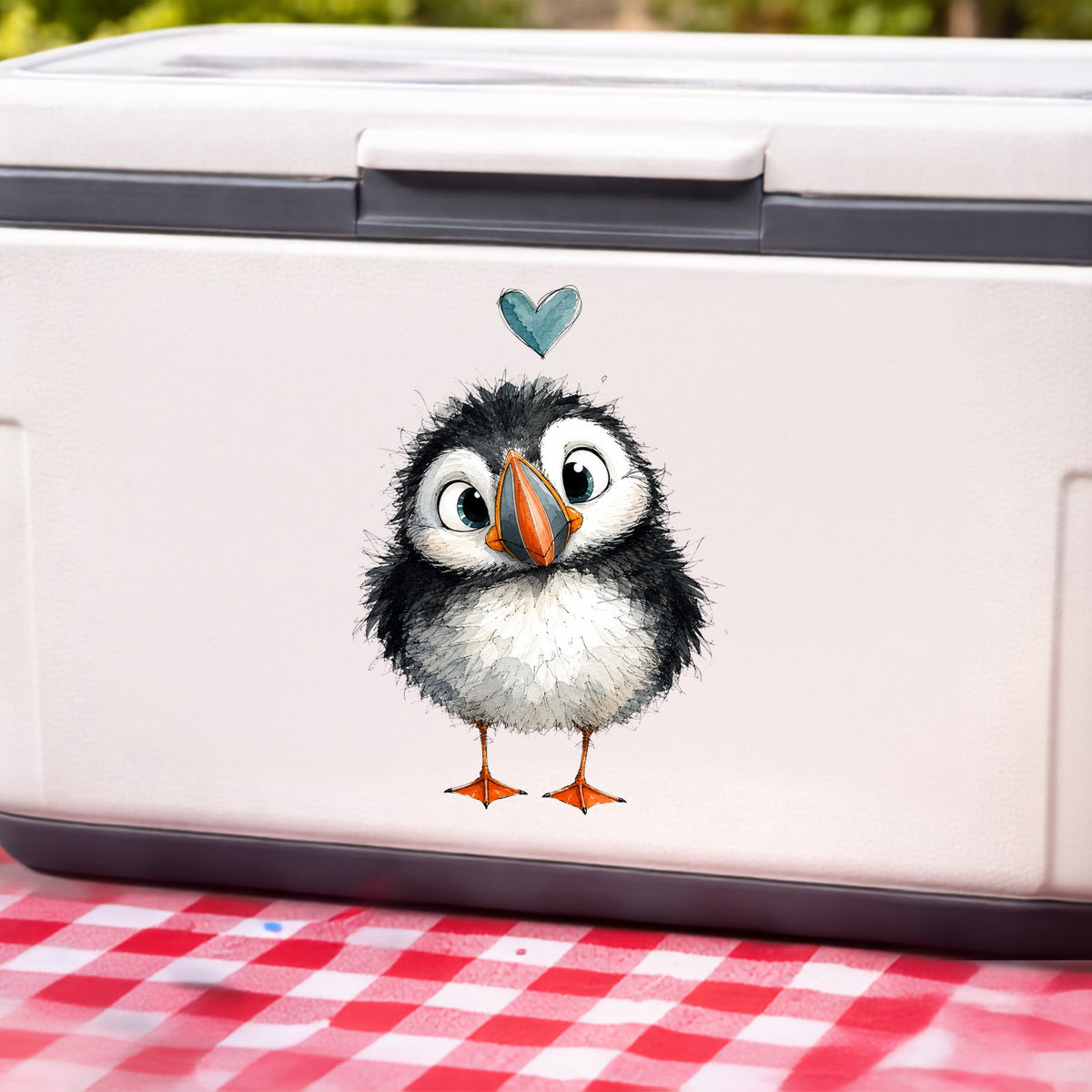 Funny Puffin UV DTF sticker applied to a white cooler on a red gingham cloth
