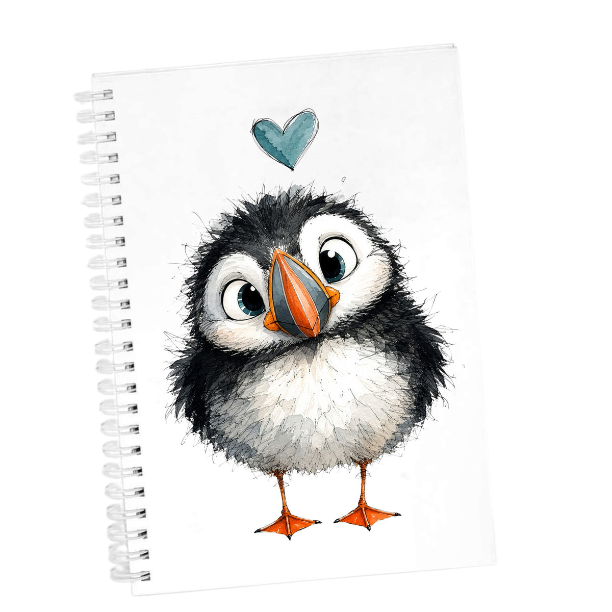 Funny Puffin UV DTF sticker applied to the cover of a white spiral journal