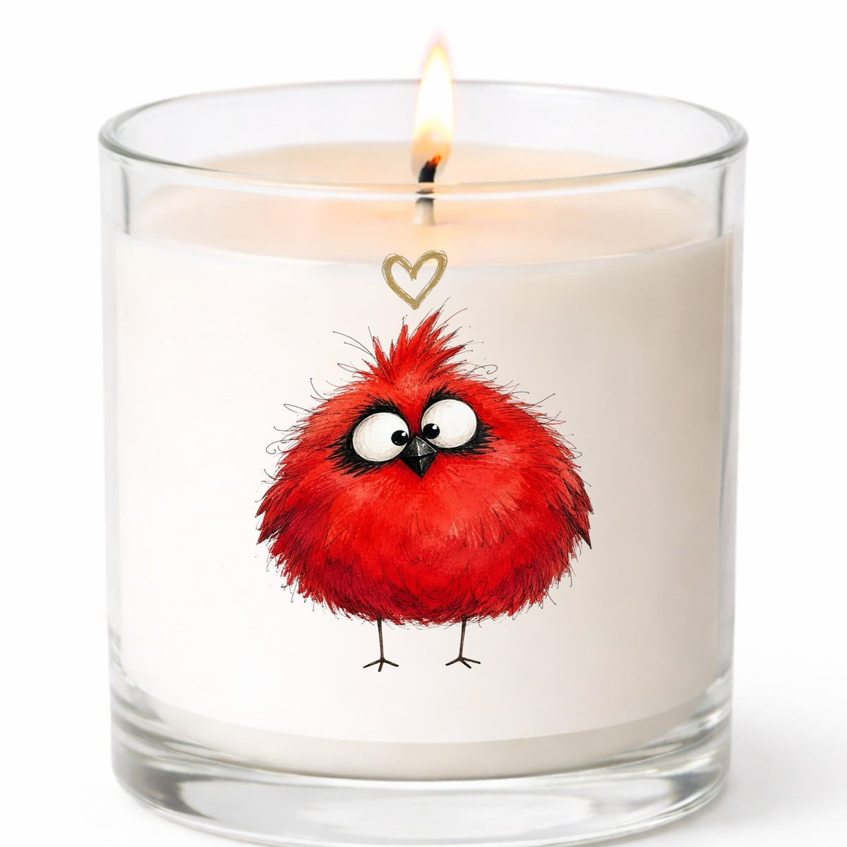 Fluffy Red Cardinal UV DTF sticker applied to a white candle in a clear glass jar