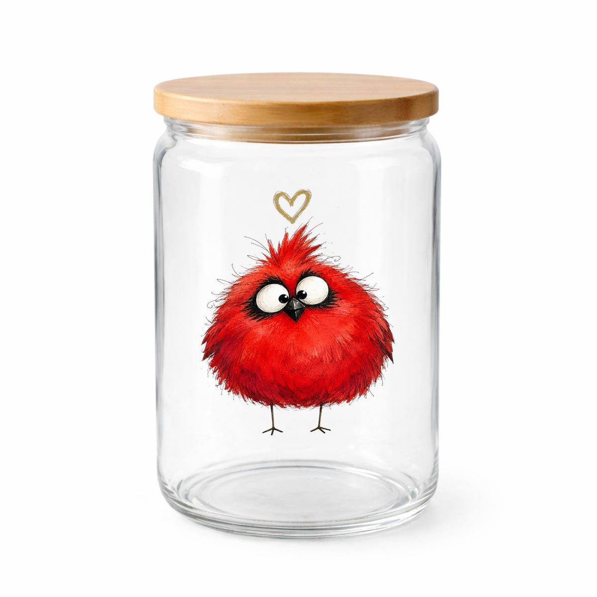 Fluffy Red Cardinal UV DTF sticker applied to a clear glass jar with a wooden lid