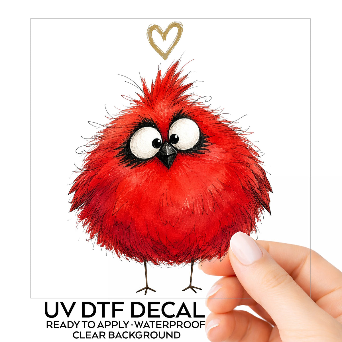 Fluffy Red Cardinal UV DTF sticker on its backing card, held in hand