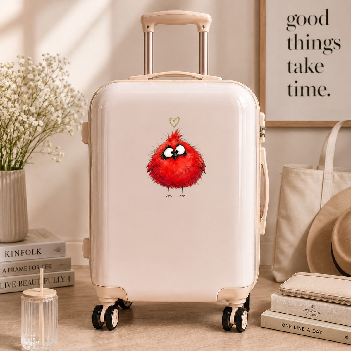 Fluffy Red Cardinal UV DTF sticker applied to a cream carry-on suitcase