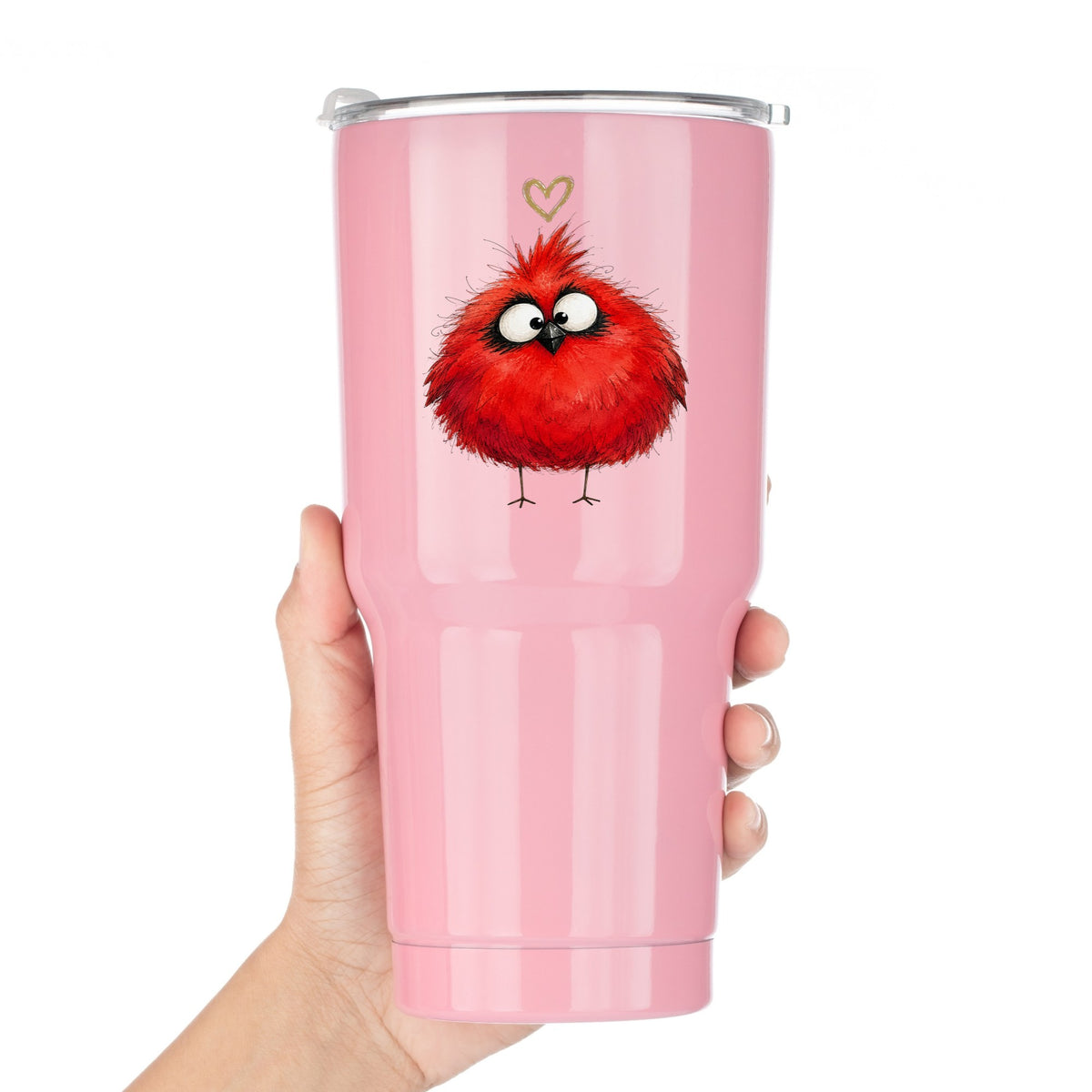 Fluffy Red Cardinal UV DTF sticker applied to a pink tumbler held against a white background
