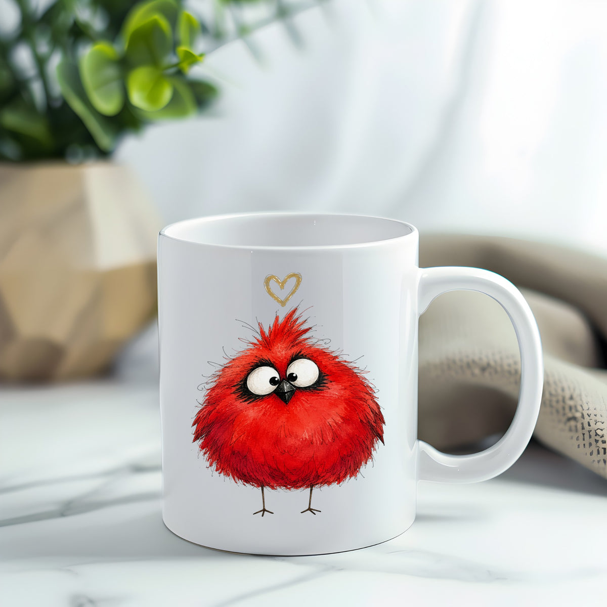 Fluffy Red Cardinal UV DTF sticker applied to a white coffee mug
