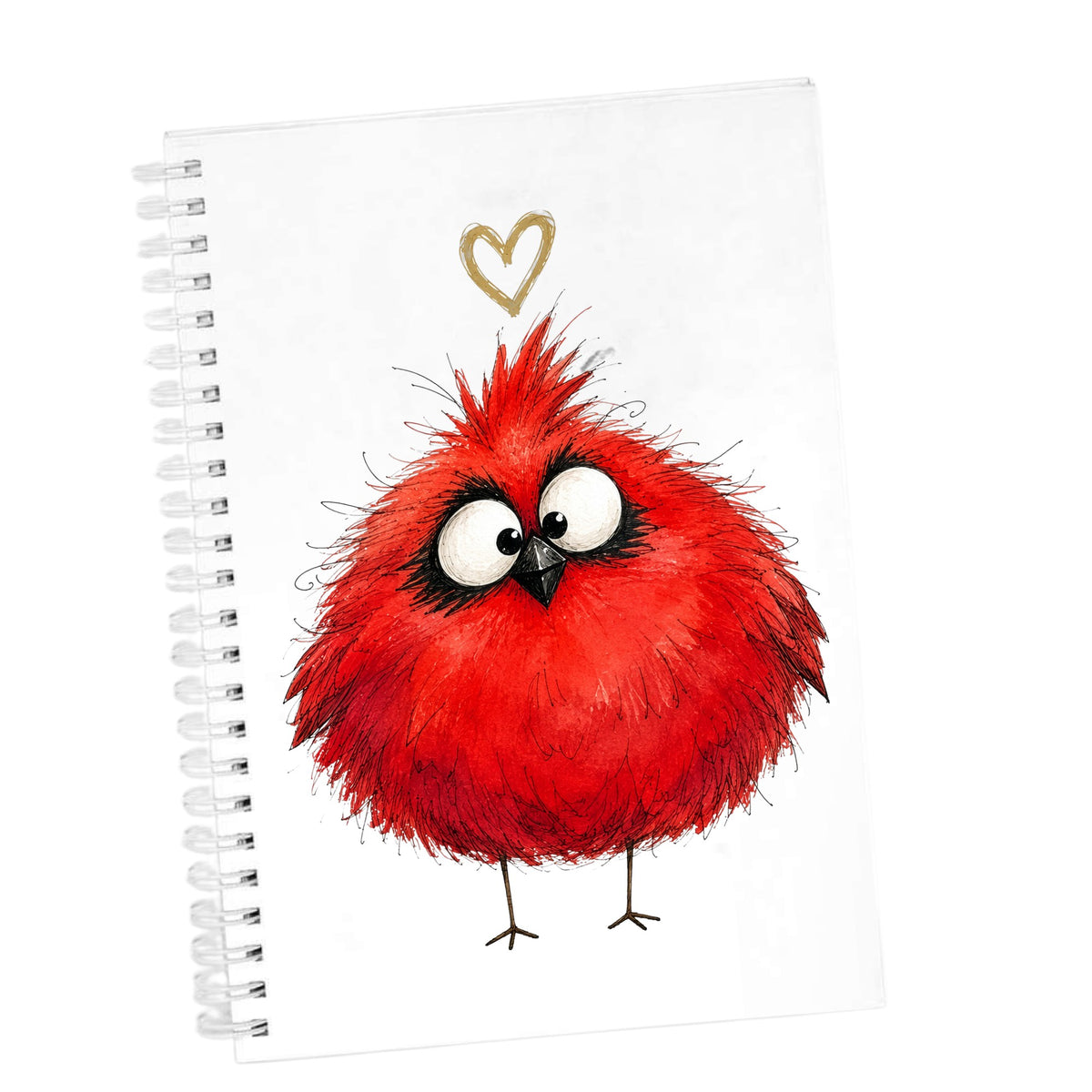 Fluffy Red Cardinal UV DTF sticker applied to the cover of a white spiral journal