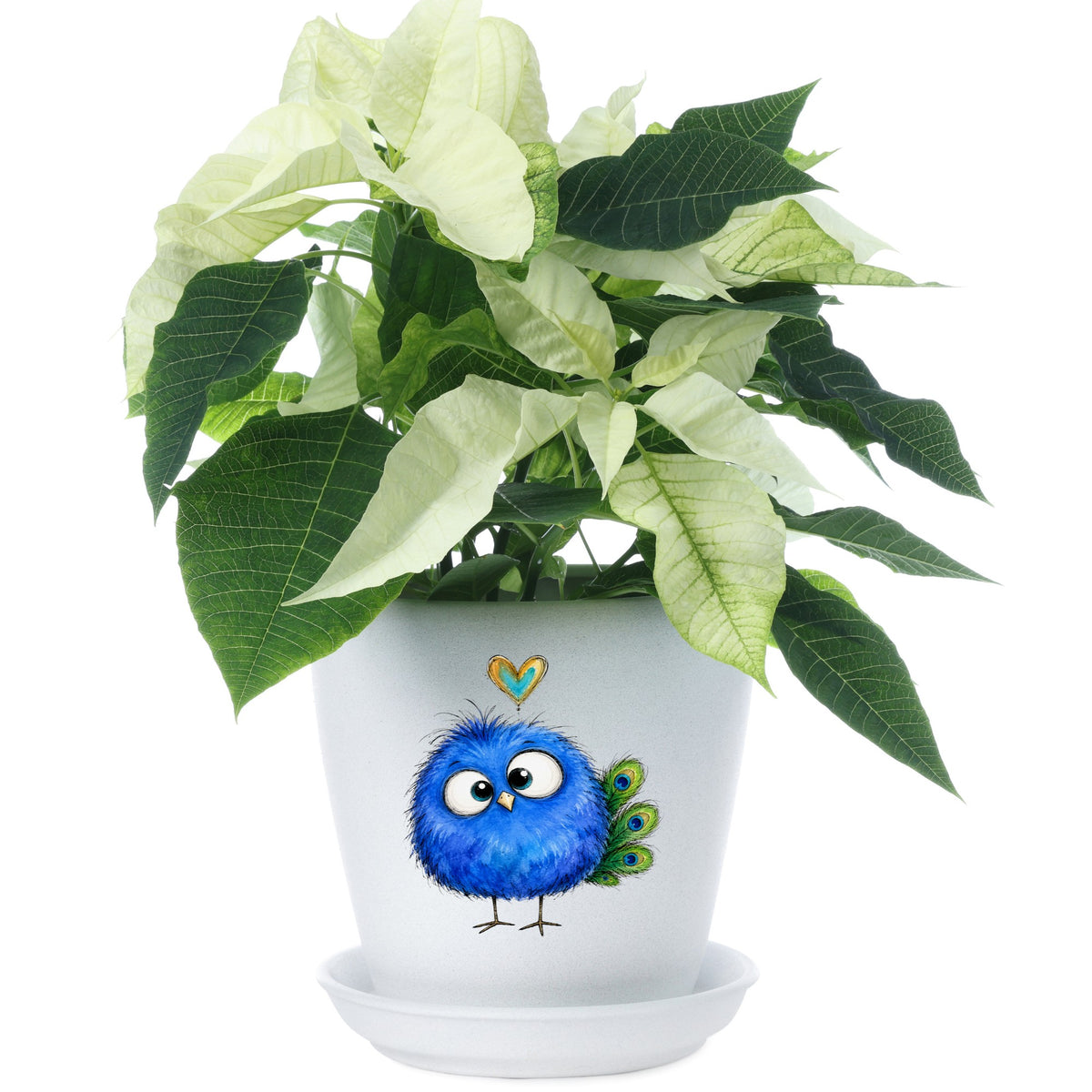 Funny Blue Peacock UV DTF sticker applied to a white flower pot