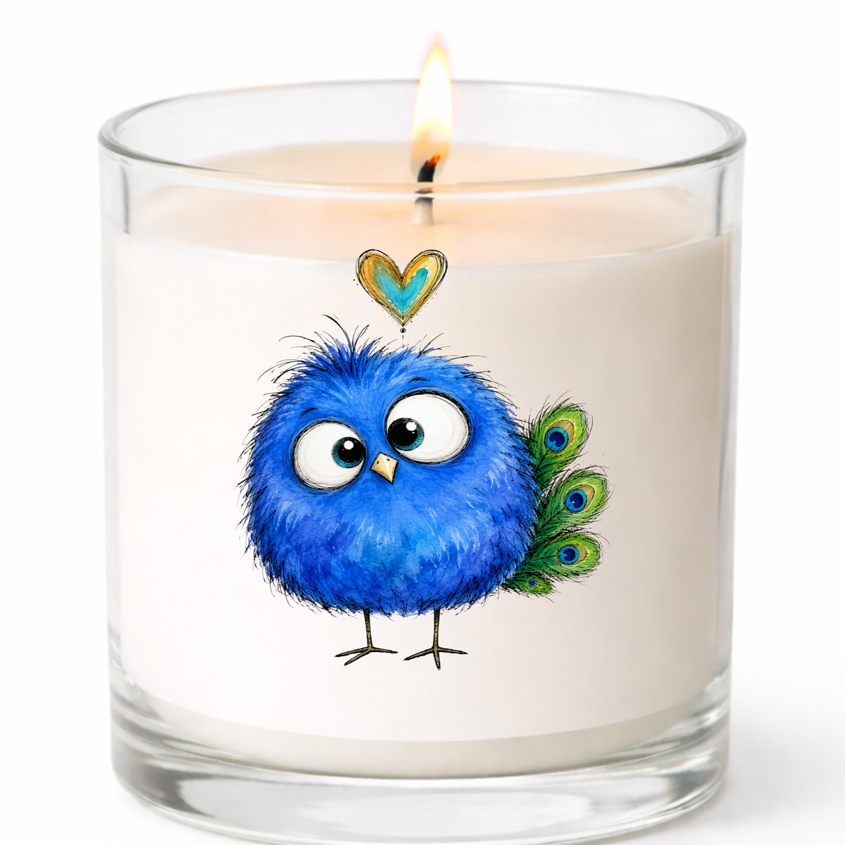 Funny Blue Peacock UV DTF sticker applied to a white candle in a clear glass jar